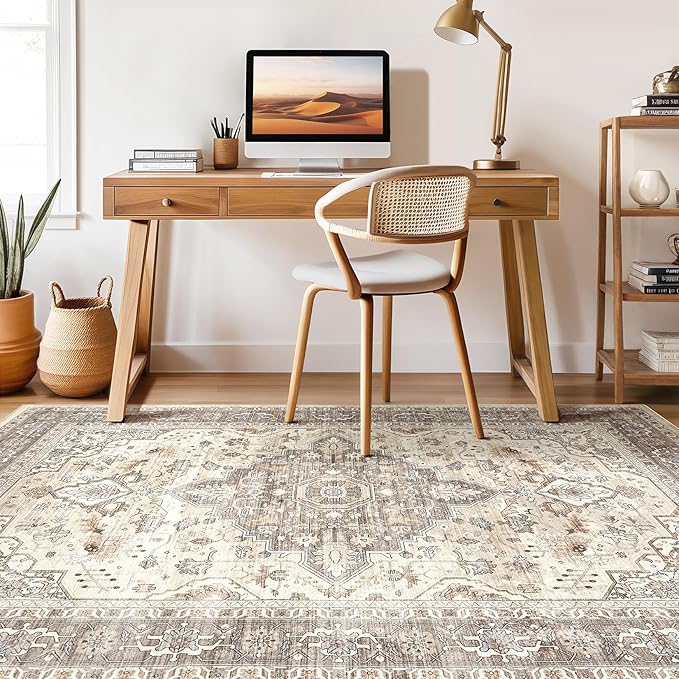 8x10 Area Rugs Living Room: Washable Boho Large Neutral Vintage Soft Rug Stain Resistant Farmhouse Non Slip Indoor Floor Carpet for Bedroom Nursery Kids Playroom Office Dining Room Home Decor- Brown