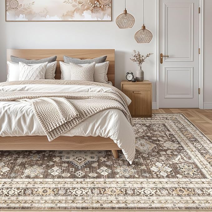 Vintage Living Room Area Rug 7x9 - Large Soft Washable Oriental Traditional Distressed Farmhouse Rugs for Bedroom - Indoor Floor Accent Carpet for Home Office House Decor - Dark Brown