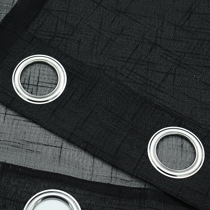 Sheer Curtains Faux Linen Semi Voile Light Filtering Drapes Pair for Bedroom Living Room, Set of 2 Grommet Top Window Curtain Panels (Each 54 x 63 Inch,Black)