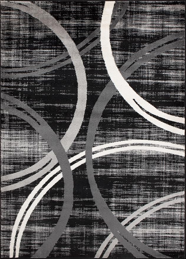 Rugshop Modern Wavy Circles Design Area Rug, Fade-Resistant Carpet for Entryway, Home Office, or Bedroom, Black, 3'3" x 5'
