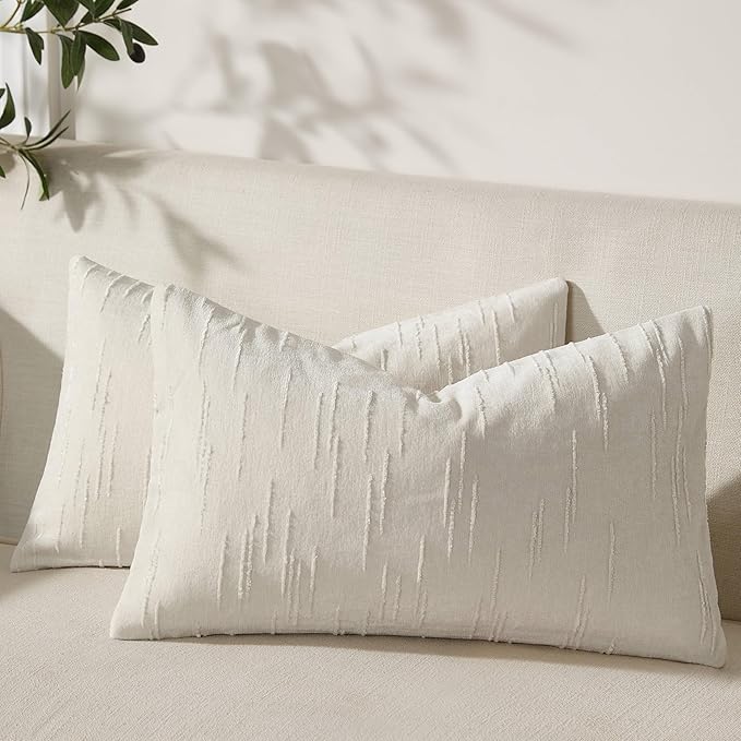 Set of 2 Soft Textured Throw Pillow Covers 12x20, Invisible Zipper Neutral Cushion Cases, Easy - Care Decorative Farmhouse Decor for Living Room Couch (White, 12" x 20" (Pack of 2))