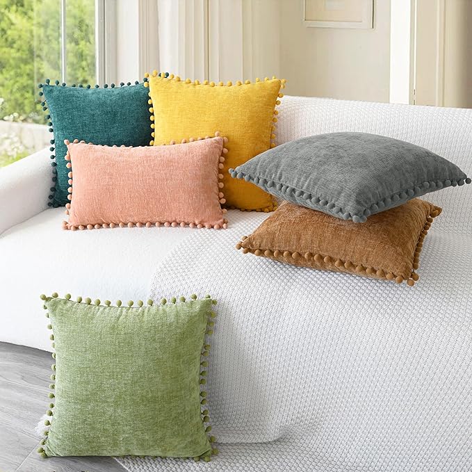 CaliTime Throw Pillow Covers Decorative 20 X 12 Inches Pack of 2 Cozy Solid Dyed Soft Chenille Cushion Cases with Pom Poms for Couch Sofa Bed Living Room Home Teal