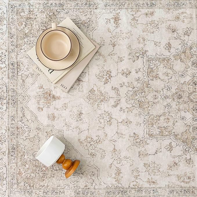 Beige Runner Rug 2'6"x14' Washable Vintage Carpet Hallway Kitchen Soft Retro Low Pile Thin Indoor Bedroom Non Slip Oriental Medallion Long Throw Rug for Bathroom Laundry Dining Room