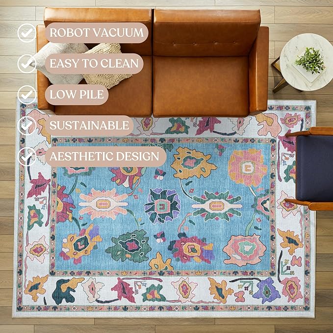 Fame Living Colorful Oushak Rug, Modern, Vintage, Turkish, Eclectic, Floral, Pastel, Washable, Extra Large Area Rugs for Living Room, Dining, Bedroom, Lounge, 9'x12'