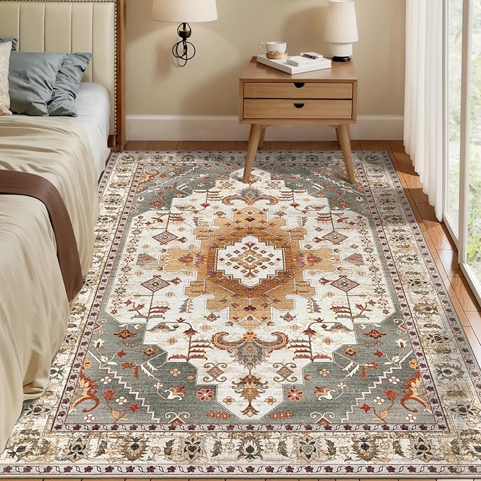 Tangsoo 4x6 Area Rugs for Living Room, Washable Vintage Rug Indoor, Distressed Turmeric Carpet for Bedroom, Non Slip Soft Low Pile Rugs Foldable Floor Rug for Dining Room Dorm Bedside Bathroom