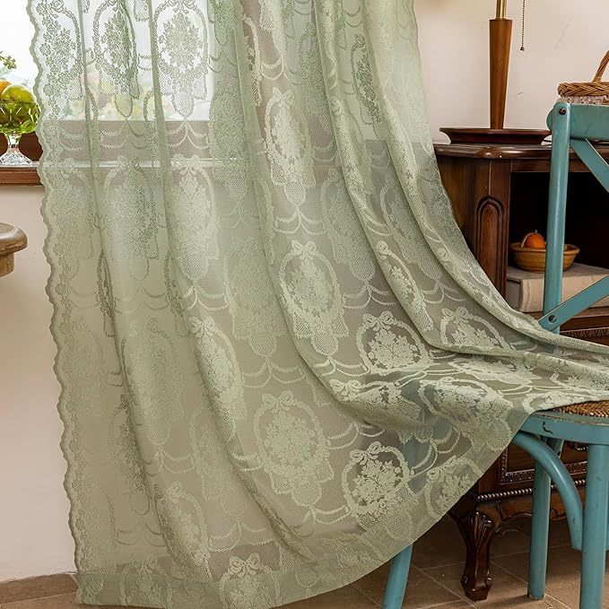Green Lace French Delicacy Curtains 84 Inches Long -Rod Pocket Luxury Vintage Bow Butterfly Sheer Flower Lace Curtains for Living Room Bedroom，52 x 84 Inch, 2 Panels