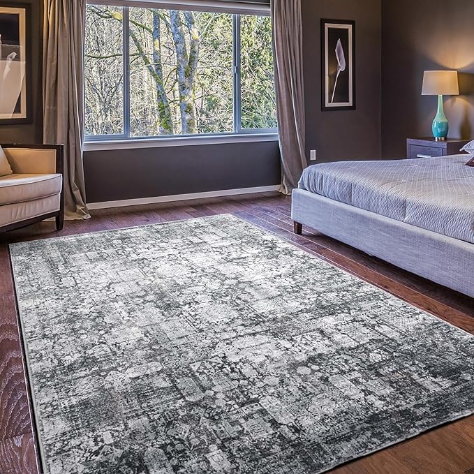 Area Rug 3×5, Vintage Boho Rug,Ultra-Soft Low Pile, Washable, Non Slip,Stain Resistant Printed Carpet for Living Room Bedrooms Playroom Office Kitchen, Dark Stone