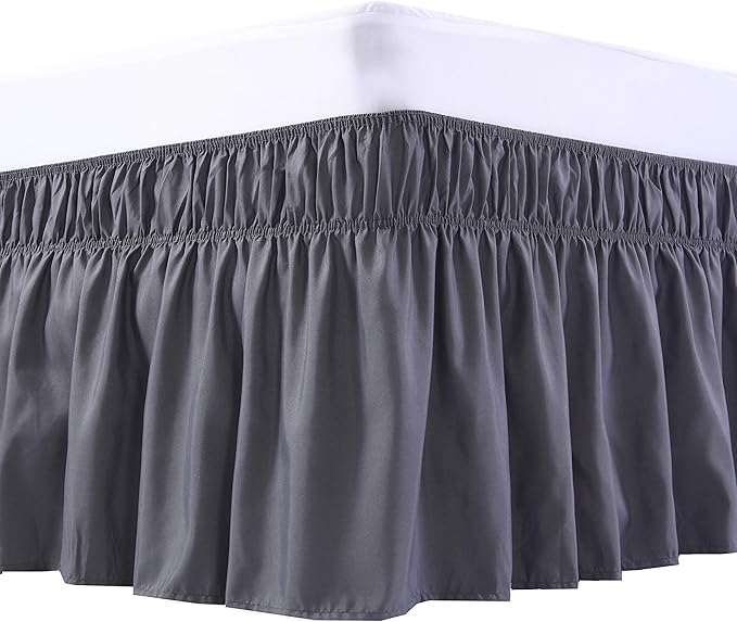 MEILA Wrap Around Bed Skirt Three Fabric Sides Elastic Dust Ruffled 14 Inch Tailored Drop,Easy to Install Fade Resistant-Dark Grey, Queen/King