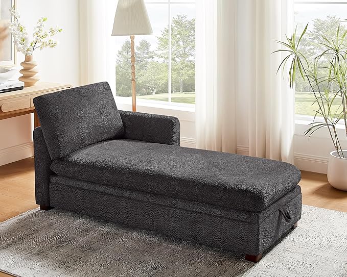 VANOMi Oversized 70.47'' Chaise Lounge Chair Indoor with Storage Space, Modern Upholstered Sofa Bed with Thick Cushion & Left Armrest, Boucle Leisure Recliner for Living Room, Bedroom, Dark Gray