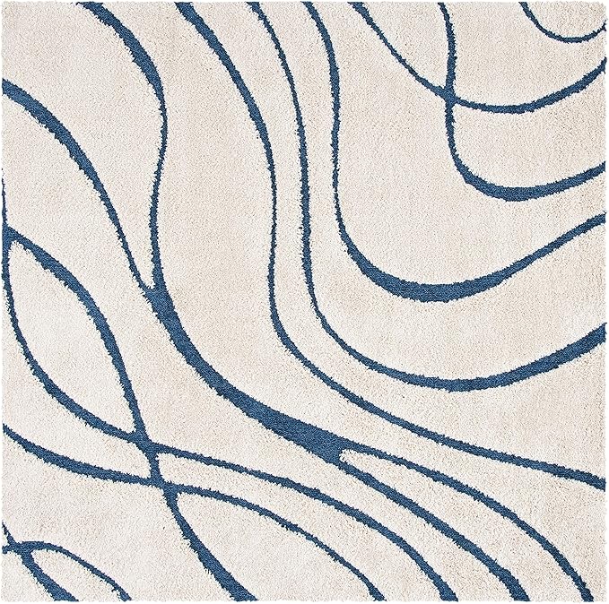SAFAVIEH Florida Shag Collection Area Rug - 4' Square, Cream & Blue, Non-Shedding & Easy Care, 1.2-inch Thick Ideal for High Traffic Areas in Living Room, Bedroom (SG471-1165)