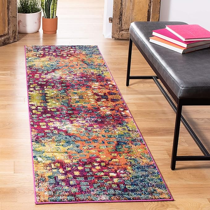 SAFAVIEH Monaco Collection Runner Rug - 2'2" x 22', Pink & Multi, Boho Chic Abstract Watercolor Design, Non-Shedding & Easy Care, Ideal for High Traffic Areas in Living Room, Bedroom (MNC225D)