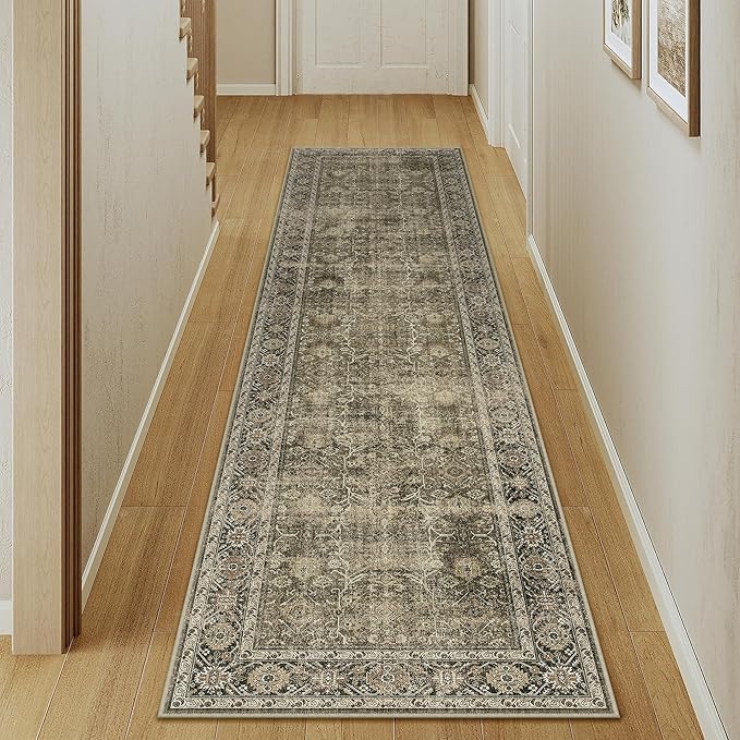 Light Brown 3x7 Vintage Area Rug Hallway Indoor Kitchen Washable Living Room Carpet Tribal Distressed Rug Retro Accent Throw Rug for Office Dining Room Bathroom Faux Wool