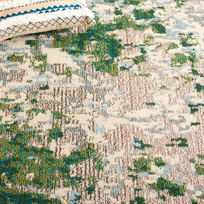 SAFAVIEH Monaco Collection Area Rug - 5'1" x 7'6", Green & Blue, Abstract Watercolor Design, Non-Shedding & Easy Care, Ideal for High Traffic Areas in Living Room, Bedroom, Dining (MNC225Y-5)
