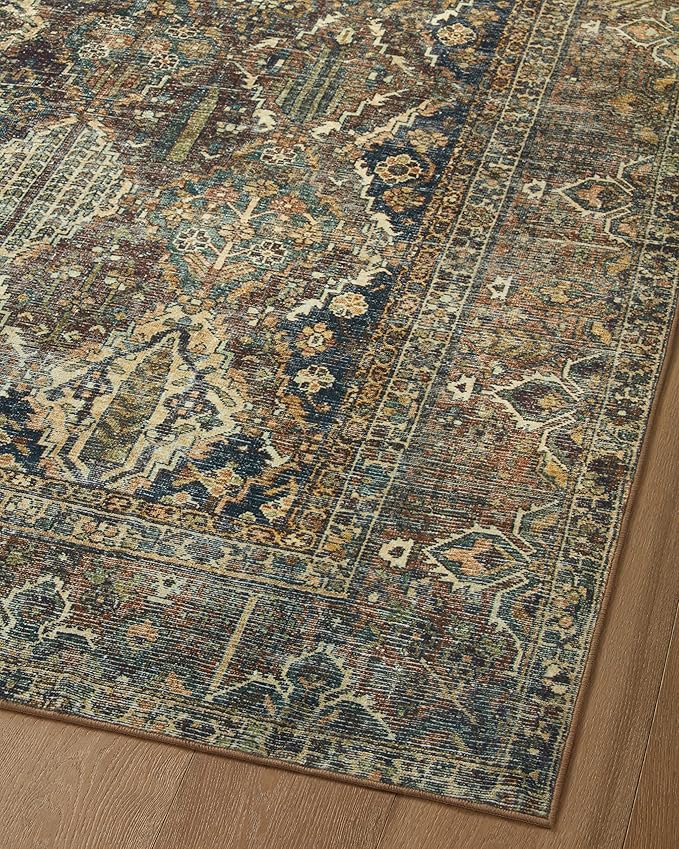 Loloi Magnolia Home by Joanna Gaines Banks Collection BAN-05 Spice/Blue 2'-0" x 5'-0" .13" Pile Height, Machine Washable, Accent Rug