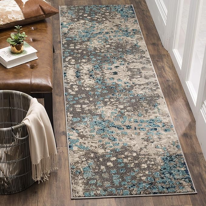 SAFAVIEH Monaco Collection Runner Rug - 2'2" x 8', Grey & Light Blue, Boho Chic Abstract Watercolor Design, Non-Shedding & Easy Care, Ideal for High Traffic Areas in Living Room, Bedroom (MNC225E)