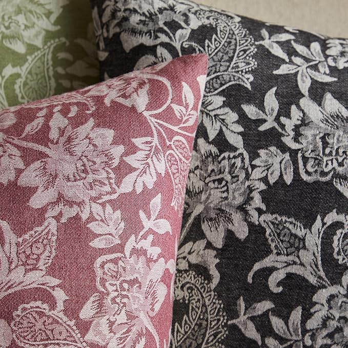 Floral Jacquard Throw Pillow Covers Set of 2, Background/Burgundy 18x18 Inch, Farmhouse Decorative Cotton Burgundy Cushion Covers for Sofa Bed Living Room Home Decor