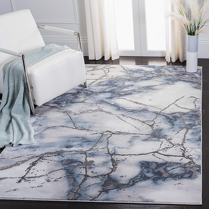 SAFAVIEH Craft Collection Area Rug - 4' Square, Grey & Blue, Modern Abstract Design, Non-Shedding & Easy Care, Ideal for High Traffic Areas in Living Room, Bedroom (CFT877L)