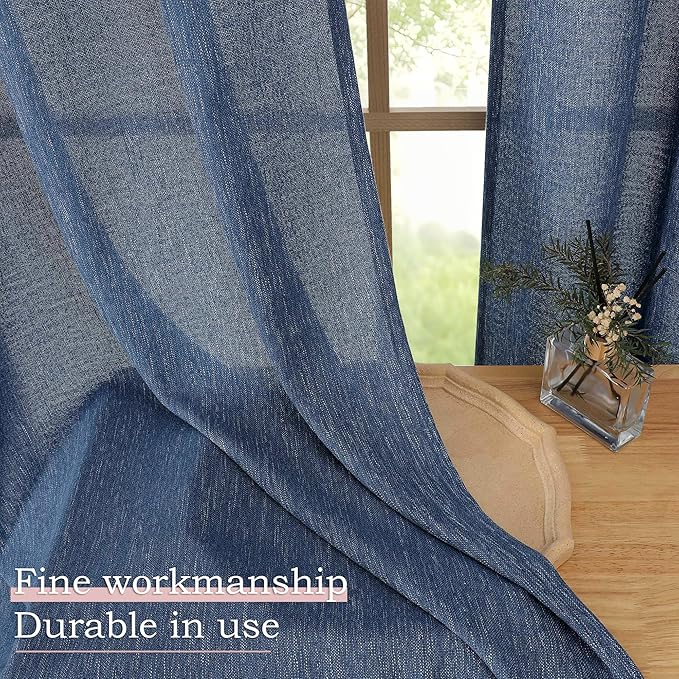 Simplebrand Navy Blue Faux Linen Textured Curtains 63 Inch Length 2 Panels for Bedroom, Semi Sheer Light Filtering Privacy Farmhouse Curtains, Soft Thick Rod Pocket Window Drapes, 40W x 63L Inch