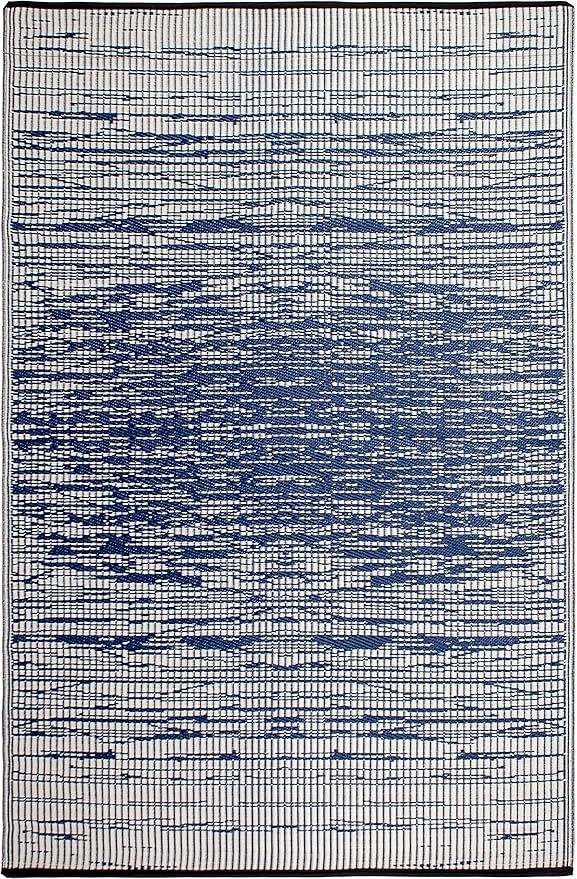 Fab Habitat Abstract Distressed Stripes Outdoor Rug - Waterproof, Fade Resistant, Crease-Free, Reversible - Premium Recycled Plastic - Patio Porch Balcony Deck - Brooklyn Blue - 8x10 ft