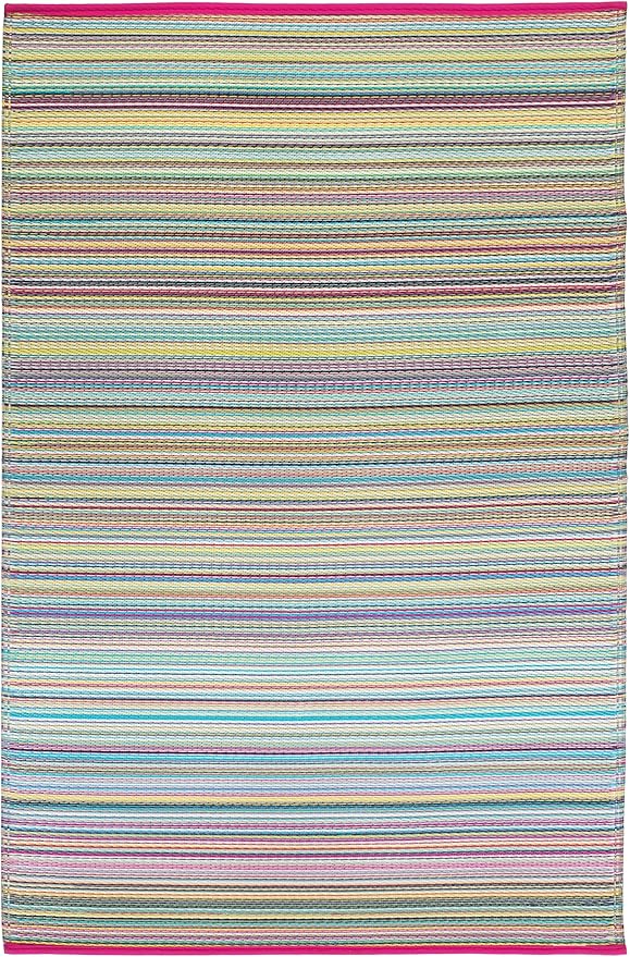Fab Habitat Outdoor Rug - Waterproof, Fade Resistant, Crease-Free - Premium Recycled Plastic - Striped - Large Patio, Deck, Sunroom, Camping, RV - Cancun - Candy - 6 x 9 ft