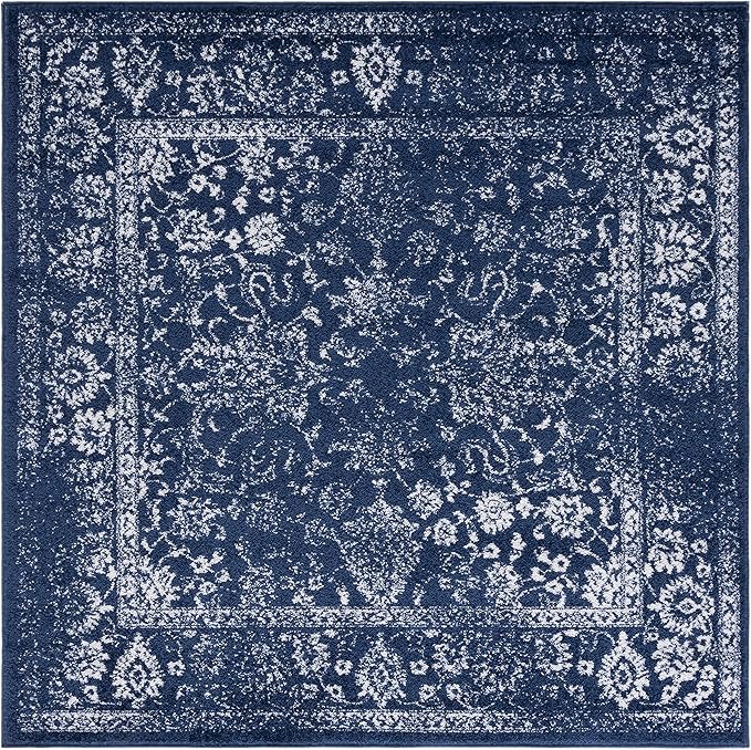 SAFAVIEH Adirondack Collection Area Rug - 6' Square, Navy & Ivory, Distressed Vintage Floral Design, Non-Shedding & Easy to Clean, Ideal for Living Room, Bedroom, Dining Space (ADR109N)