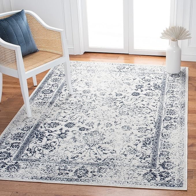 SAFAVIEH Adirondack Collection Area Rug - 6' Square, Ivory & Navy, Distressed Vintage Floral Design, Non-Shedding & Easy to Clean, Ideal for Living Room, Bedroom, Dining Space (ADR109M)
