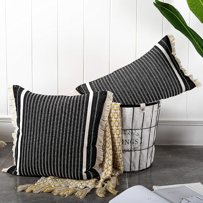 OJIA Modern Throw Pillow Cover with Tassels, Decorative Liana Fringe Accent Cushion Case, Farmhouse Woven Pillowcase for Sofa Chair Couch Bed Decor (Lumbar 12 x 20 Inches, Black)