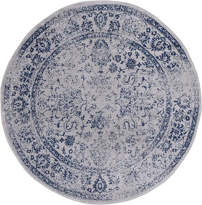 SAFAVIEH Adirondack Collection Area Rug - 4' Round, Grey & Navy, Distressed Vintage Floral Design, Non-Shedding & Easy to Clean, Ideal for Living Room, Bedroom, Dining Space (ADR109P)