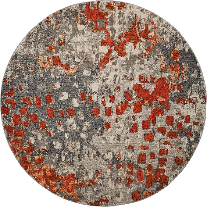 SAFAVIEH Monaco Collection Area Rug - 5' Round, Grey & Orange, Boho Chic Abstract Watercolor Design, Non-Shedding & Easy Care, Ideal for High Traffic Areas in Living Room, Bedroom (MNC225H)