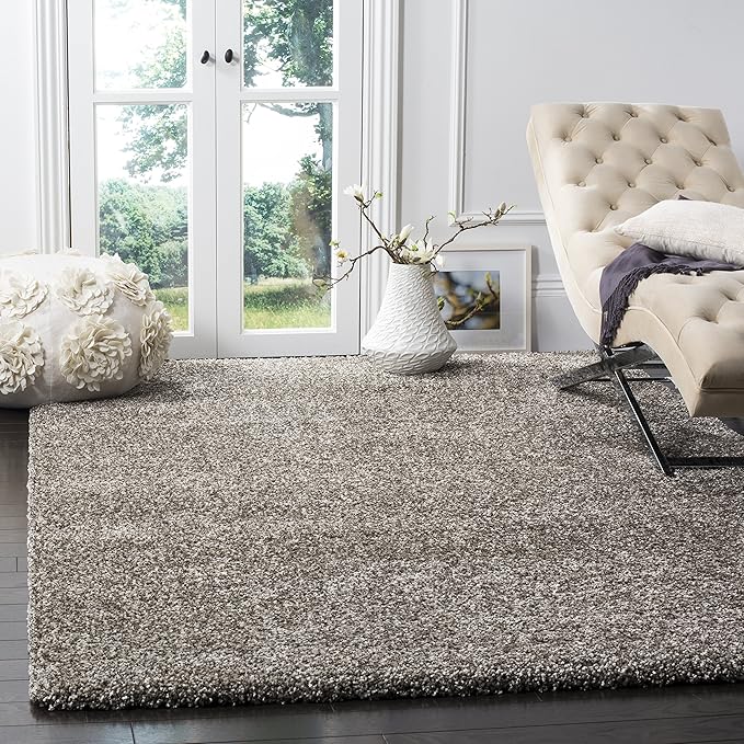 SAFAVIEH Milan Shag Collection Area Rug - 8' Square, Grey, Solid Design, Non-Shedding & Easy Care, 2-inch Thick Ideal for High Traffic Areas in Living Room, Bedroom (SG180-8080)