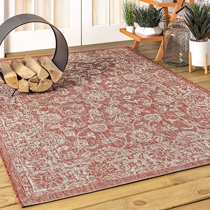 JONATHAN Y Weave Floral Indoor Outdoor Area Rug 4X6 Red/Taupe, Tela Bohemian Textured for Backyard, Patio, Porch, Easy-Cleaning, High Traffic, Pet-Friendly, Non-Shedding (SMB100A-4)