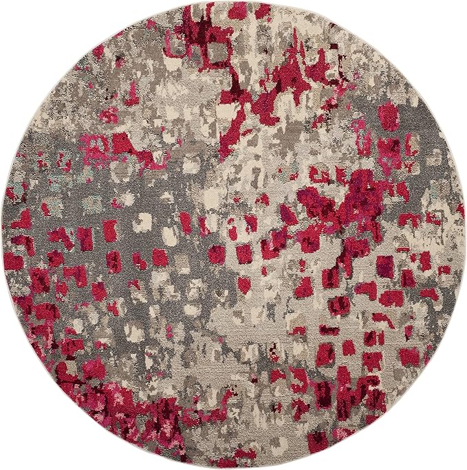 SAFAVIEH Monaco Collection Area Rug - 6'7" Round, Grey & Fuchsia, Boho Chic Abstract Watercolor Design, Non-Shedding & Easy Care, Ideal for High Traffic Areas in Living Room, Bedroom (MNC225R)