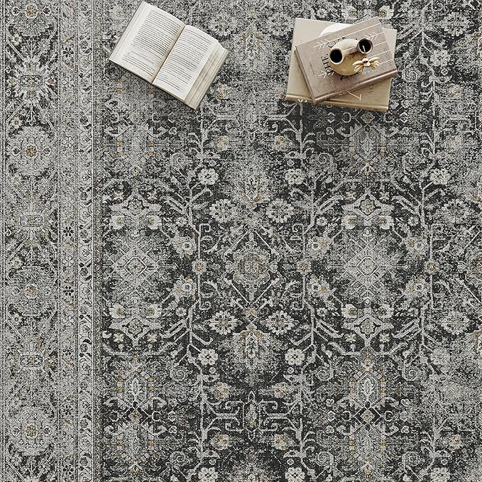 Black Runner Rug 3x10 Vintage Area Carpet Hallway Long Indoor Kitchen Washable Living Room Low Pile Traditional Distressed Retro Accent Throw Rug Non Slip Laundry Bathroom Office Dining Room