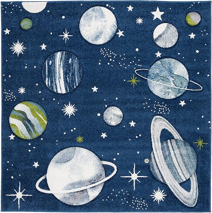 SAFAVIEH Carousel Kids Collection Area Rug - 8' Square, Navy & Ivory, Non-Shedding & Easy Care, Ideal for High Traffic Areas for Boys & Girls in Playroom, Nursery, Bedroom (CRK103N)