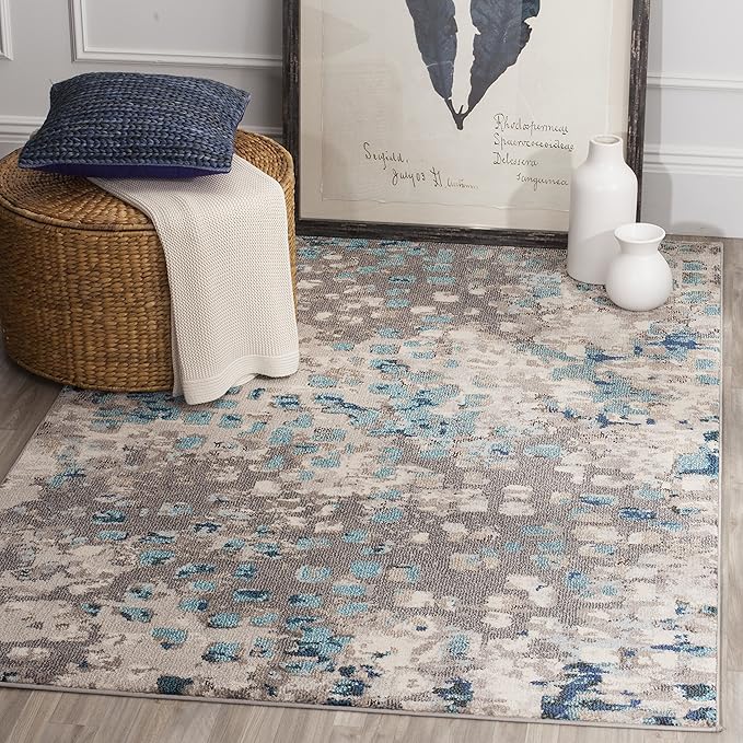 SAFAVIEH Monaco Collection Area Rug - 5'1" x 7'7", Grey & Light Blue, Boho Chic Abstract Watercolor Design, Non-Shedding & Easy Care, Ideal for High Traffic Areas in Living Room, Bedroom (MNC225E)