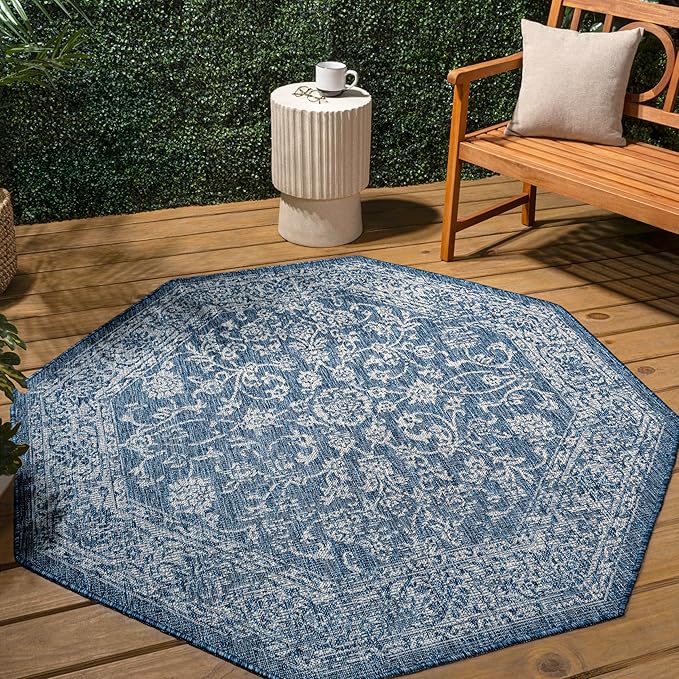 JONATHAN Y Weave Floral Indoor Outdoor Octagon Area Rug 5 Ft Navy/Gray, Tela Bohemian Textured for Backyard, Patio, Porch, Easy-Cleaning, High Traffic, Pet-Friendly, Non-Shedding (SMB100B-5TGN)