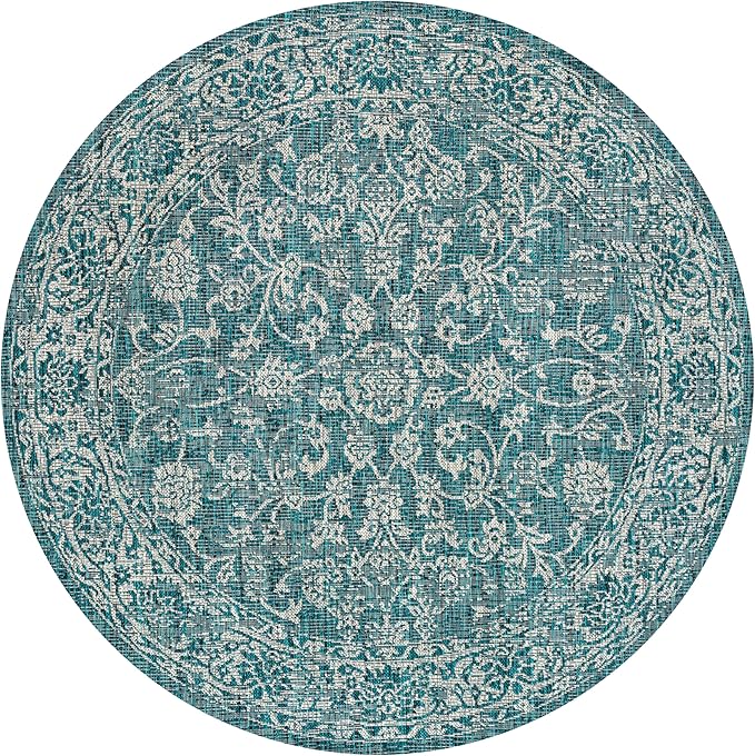 JONATHAN Y Weave Floral Indoor Outdoor Round Area Rug 5 Ft Teal/Gray, Tela Bohemian Textured for Backyard, Patio, Porch, Easy-Cleaning, High Traffic, Pet-Friendly, Non-Shedding (SMB100C-5R)