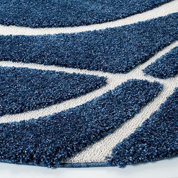 SAFAVIEH Florida Shag Collection Area Rug - 4' Round, Navy & Ivory, Non-Shedding & Easy Cleaning, Plush Thick Pile, Ideal for Living Room, Bedroom, Dining Space (SG471-6512)