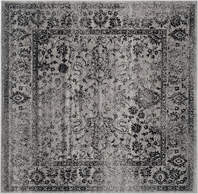 SAFAVIEH Adirondack Collection Area Rug - 10' Square, Grey & Black, Distressed Vintage Floral Design, Non-Shedding & Easy to Clean, Ideal for Living Room, Bedroom, Dining Space (ADR109B)