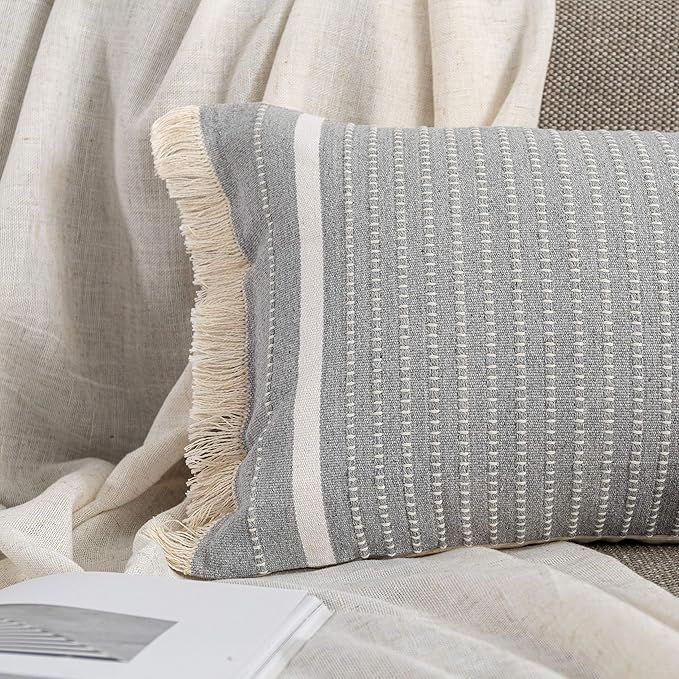 OJIA Modern Throw Pillow Cover with Tassels, Decorative Liana Fringe Accent Cushion Case, Farmhouse Woven Pillowcase for Sofa Chair Couch Bed Decor (Lumbar 12 x 20 Inches, Grey)