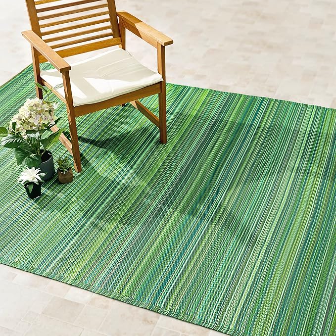 Fab Habitat Outdoor Rug - Waterproof, Fade Resistant, Crease-Free - Premium Recycled Plastic - Striped - Patio, Porch, Deck, Balcony - Cancun - Green - 5 x 8 ft
