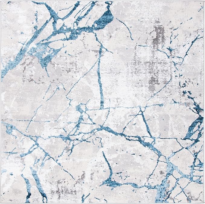 SAFAVIEH Amelia Collection Area Rug - 8' Square, Grey & Blue, Non-Shedding & Easy Cleaning, Ideal for Living Room, Bedroom, Dining Space (ALA293F)