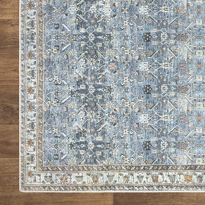 Bloom Rugs Washable Non-Slip 4' x 6' Rug - Blue/Beige Traditional Area Rug for Living Room, Bedroom, Dining Room, and Kitchen - Exact Size: 4' x 6'