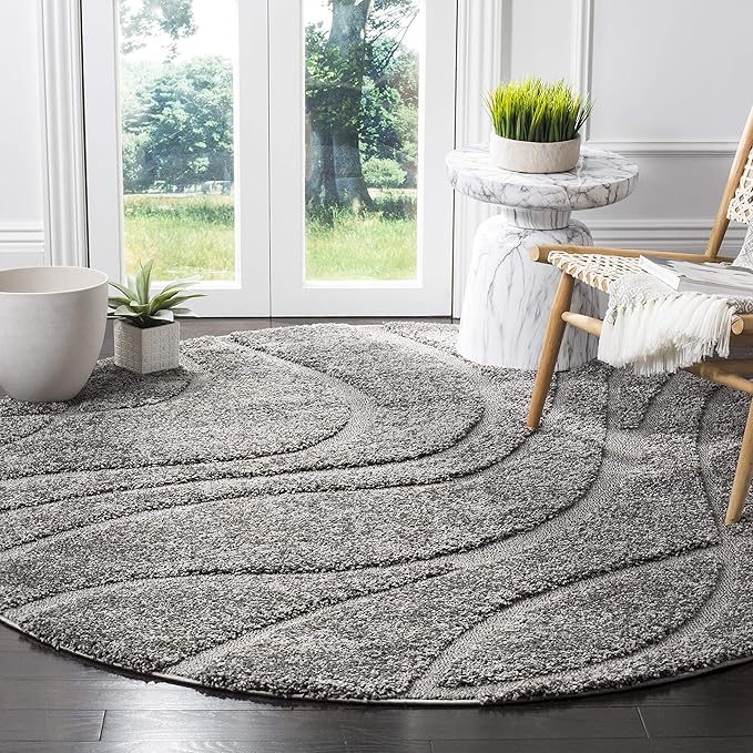 SAFAVIEH Florida Shag Collection Area Rug - 4' Round, Grey & Grey, Non-Shedding & Easy Care, 1.2-inch Thick Ideal for High Traffic Areas in Living Room, Bedroom (SG471-8080)