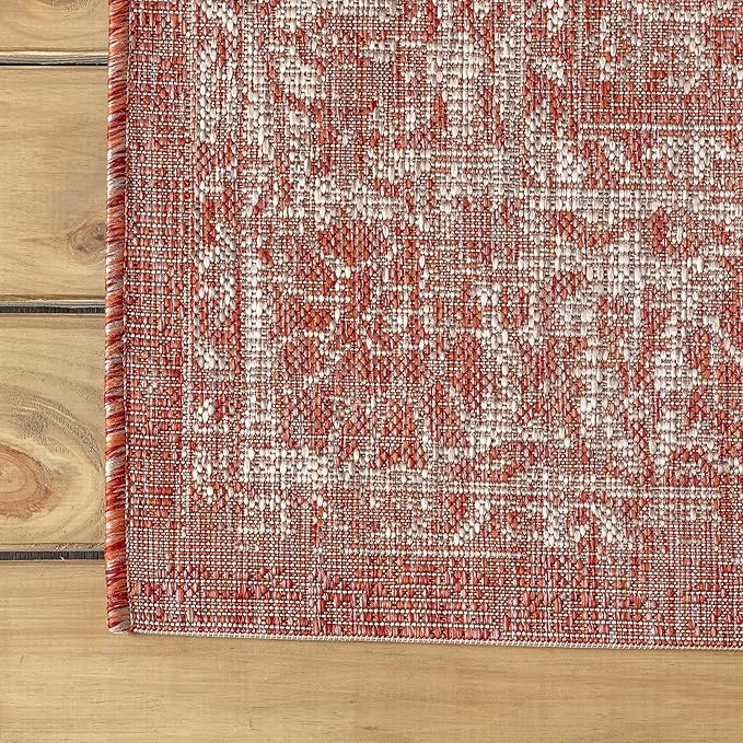 JONATHAN Y Weave Floral Indoor Outdoor Square Area Rug 6X6 Red/Taupe, Tela Bohemian Textured for Backyard, Patio, Porch, Easy-Cleaning, High Traffic, Pet-Friendly, Non-Shedding (SMB100A-6SQ)