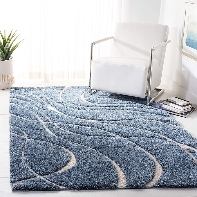 SAFAVIEH Florida Shag Collection Accent Rug - 4' x 6', Light Blue & Cream, Non-Shedding & Easy Care, 1.2-inch Thick Ideal for High Traffic Areas in Entryway, Living Room, Bedroom (SG471-6011)