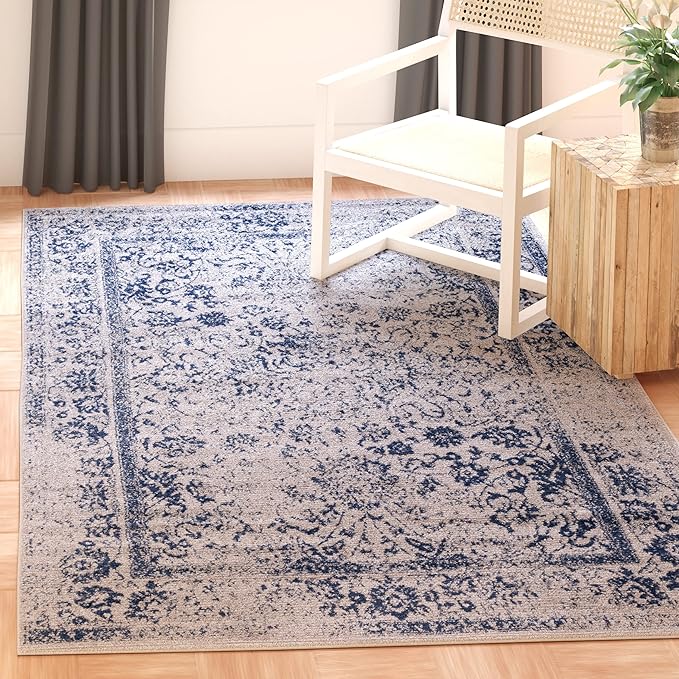 SAFAVIEH Area Rug 4x6 - Adirondack Collection - Grey & Navy, Distressed Vintage Floral Design, Non-Shedding & Easy to Clean, Ideal for Living Room, Bedroom, Dining Space (ADR109P)