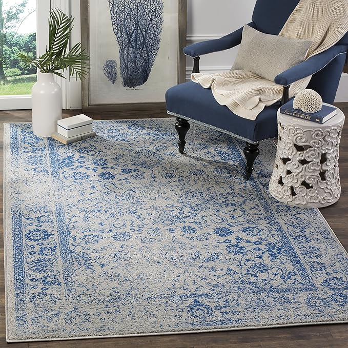 SAFAVIEH Area Rug 4x6 - Adirondack Collection - Grey & Blue, Distressed Vintage Floral Design, Non-Shedding & Easy to Clean, Ideal for Living Room, Bedroom, Dining Space (ADR109A)
