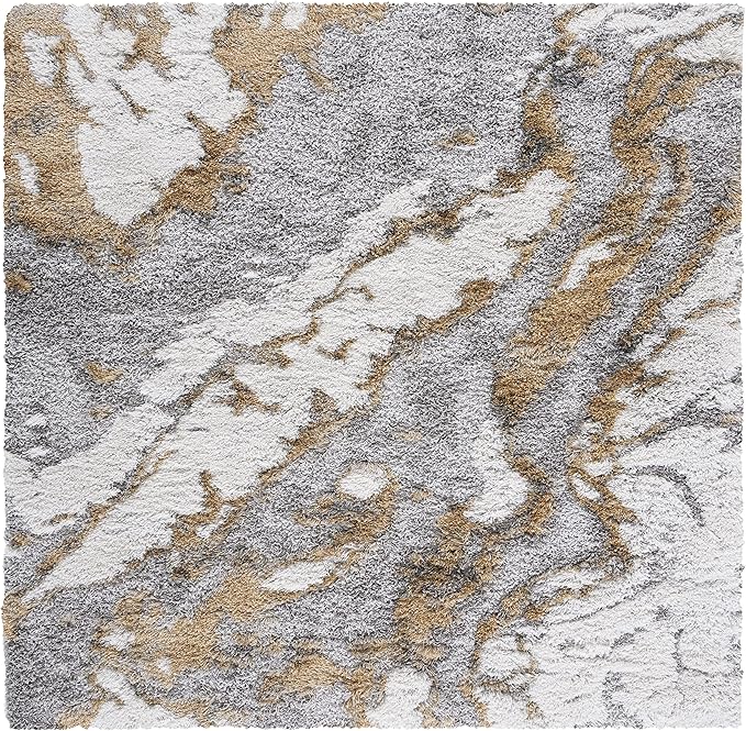 SAFAVIEH Horizon Shag Collection Area Rug - 3' Square, Grey & Gold, Modern Abstract Design, Non-Shedding & Easy Care, 2.6-inch Thick Ideal for High Traffic Areas in Living Room, Bedroom (HZN890D)
