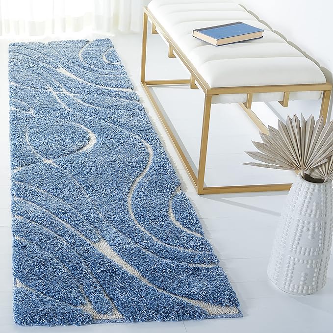 SAFAVIEH Florida Shag Collection Runner Rug - 2'3" x 9', Light Blue & Cream, Non-Shedding & Easy Care, 1.2-inch Thick Ideal for High Traffic Areas in Living Room, Bedroom (SG471-6011)